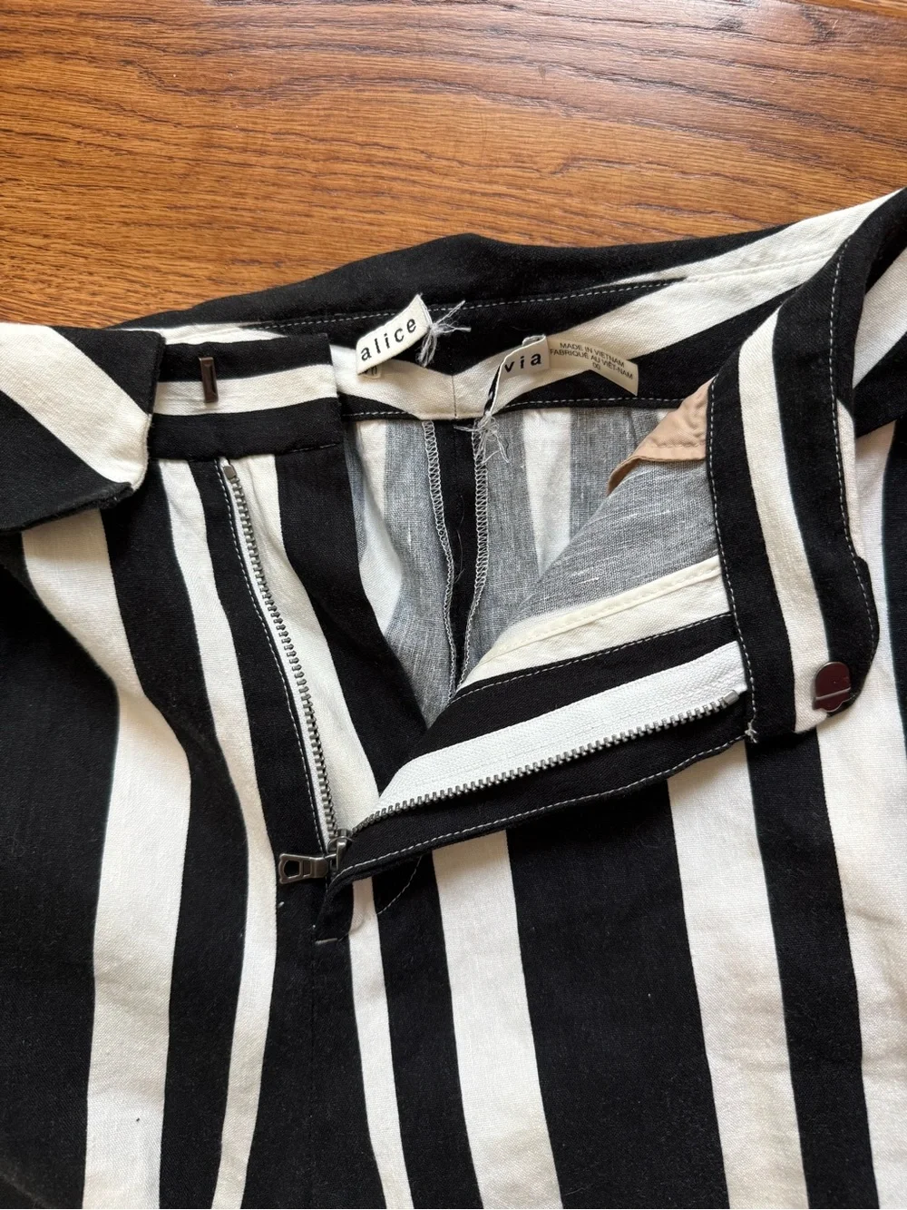 ALICE + OLIVIA High Rise Striped Contrast Pants Wide Leg Linen Blend Foldover 00 - Picture 6 of 8